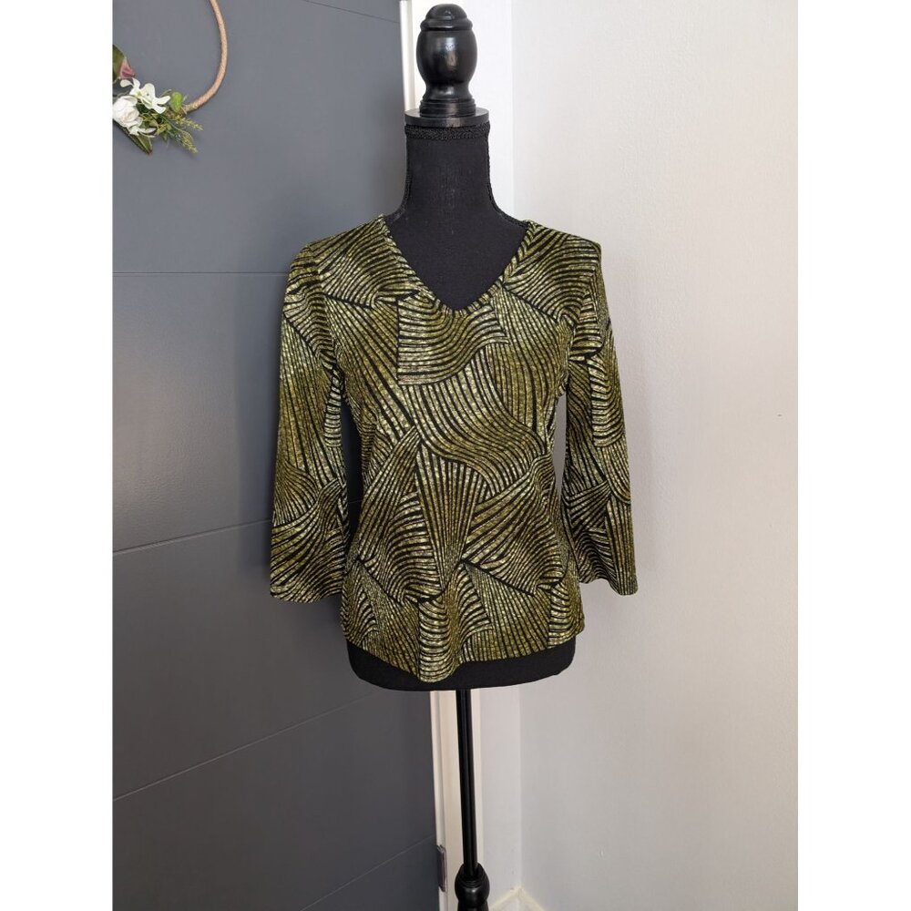 y2k Russell Kemp Petite Green/Gold‎ & Black Abstract V-Neck 3/4 Sleeve Top - PM